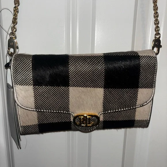Ralph Lauren Black and Cream Plaid Crossbody Buffalo check hair on hide wallet - Picture 1 of 15